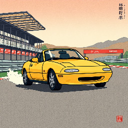Yellow 1992 Mazda Miata at Tsukuba circuit