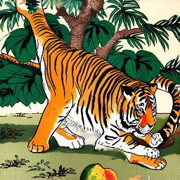 jungle, mango trees,mangos on ground(anthro tiger human) hybrid, female, (tiger tail, tiger ears, tiger striped body)bad anatomy, bad feet, bad hands, extra limbs, extra toes