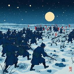A vast nighttime battlefield in the frozen marshes during the First World War, pitting Finnish forces in dark blue-violet uniforms against hostile Chinese forces in white and very dark grey.