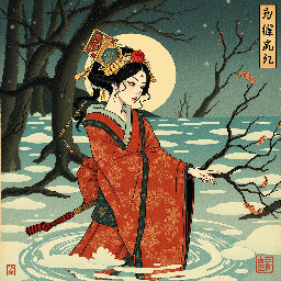 a japanese woman witch of water during the night in the great frozen swamps