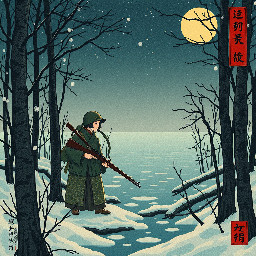 a japanese woman soldier ww1 during the night in the great frozen swamps