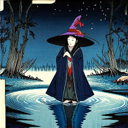 a japanese woman witch of water during the night in the great frozen swamps
