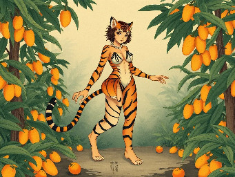 jungle, mango trees,mangos on ground(anthro tiger human) hybrid, female, (tiger tail, tiger ears, tiger striped body)bad anatomy, bad feet, bad hands, extra limbs, extra toes