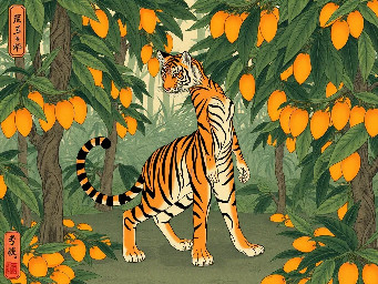 jungle, mango trees,mangos on ground(anthro tiger human) hybrid, female, (tiger tail, tiger ears, tiger striped body)bad anatomy, bad feet, bad hands, extra limbs, extra toes
