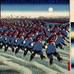 A vast nighttime battlefield in the frozen marshes during the First World War, pitting Finnish forces in dark blue-violet uniforms against hostile Chinese forces in very dark burgundy red