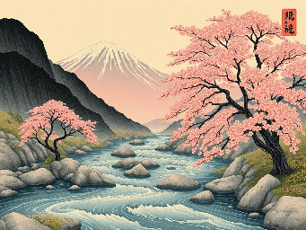 create landscape where is flowing river, mountains, sakura trees