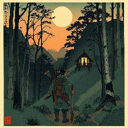 A hunter in the ancient Japan, deep in a forest in the mountain in twilight and see a silhouette of a woman in a wooden hut in the distance.