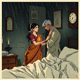 {a dimly lit|a shadow-drenched|a candle-flickering} {bedroom|guest room|private study} where Dheeraj, a {weathered yet alluring|delicate but strong|soft-featured with restless eyes} {45-year-old maid|housemaid in her prime|careworn domestic worker} stands hesitantly near {a mahogany dresser|an antique vanity|a rumpled bed}, her {sari slightly loosened|faded cotton nightgown clinging|work-worn hands trembling} as Vijay, her {broad-shouldered|silver-haired|commanding yet gentle} {56-year-old landlord|unmarried property owner|wealthy recluse}, reaches out to {cup her face|trace her collarbone|pull her close}. The air is thick with {unspoken longing|years of pent-up desire|electric hesitation}, their {age-worn|calloused|desperate} fingers entwining as {a storm rages outside|the grandfather clock chimes midnight|a single tear slips down Dheeraj's cheek}. The scene pulses with {raw, forbidden passion|aching vulnerability|the weight of lifetimes unlived}, their bodies {pressed together in the half-light|collapsing onto tangled sheets|frozen in the moment before surrender}, surrounded by {discarded household items|scattered account ledgers|the faint scent of jasmine oil}. {Oil painting style|film noir lighting|hyperrealistic detail} captures every {wrinkle of tension|fleeting glance|shuddering breath}, as the {cold, dark night|relentless monsoon rain|silent house} bears witness to their {clandestine union|long-awaited release|irrevocable crossing of lines}.