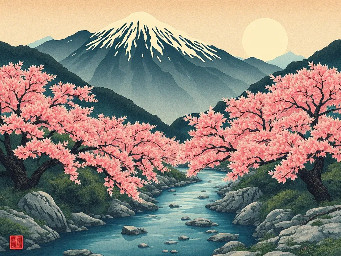create beautiful japanese mountain landscape, where is small river in the middle of image and blooming vibrant sakura trees around the river