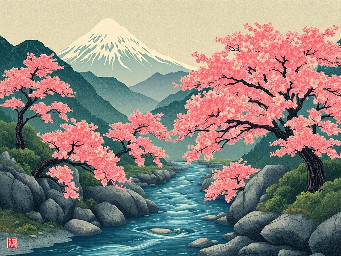 create beautiful japanese mountain landscape, where is small river in the middle of image and blooming vibrant sakura trees around the river