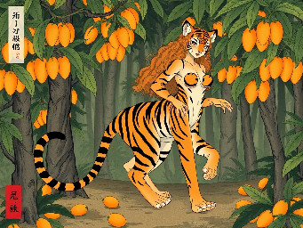 jungle, mango trees,mangos on ground(anthro tiger human) hybrid, female, (tiger tail, tiger ears, tiger striped body)bad anatomy, bad feet, bad hands, extra limbs, extra toes
