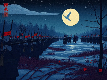 A vast nighttime battlefield in the frozen marshes during the First World War, pitting Finnish forces in dark blue-violet uniforms against hostile Chinese forces in very dark burgundy red