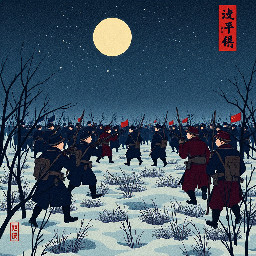 A vast nighttime battlefield in the frozen marshes during the First World War, pitting Finnish forces in dark blue-violet uniforms against hostile Chinese forces in very dark burgundy red