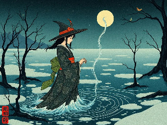 a japanese woman witch of water during the night in the great frozen swamps
