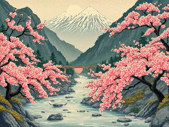 create beautiful japanese mountain landscape, where is small river in the middle of image and blooming vibrant sakura trees around the river
