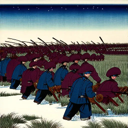 A vast nighttime battlefield in the frozen marshes during the First World War, pitting Finnish forces in dark blue-violet uniforms against hostile Chinese forces in very dark burgundy red