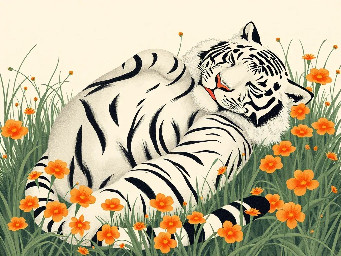 white tiger lying on its back and rolling in grass and orange flowers, very pleased and comfortable