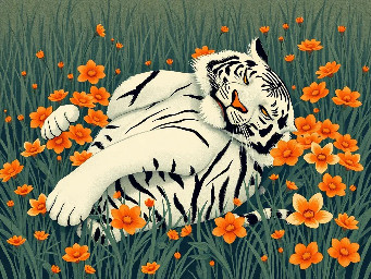 white tiger lying on its back and rolling in grass and orange flowers, very pleased and comfortable
