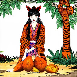 jungle, mango trees,mangos on ground(anthro tiger human) hybrid, female, (tiger tail, tiger ears, tiger striped body)bad anatomy, bad feet, bad hands, extra limbs, extra toes