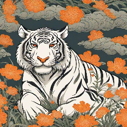 white tiger lying on its back and rolling in grass and orange flowers, very pleased and comfortable