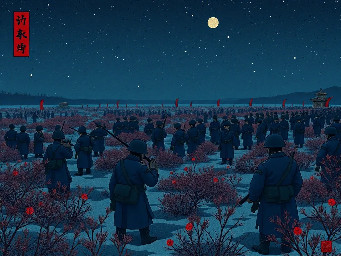 A vast nighttime battlefield in the frozen marshes during the First World War, pitting Finnish forces in dark blue-violet uniforms against hostile Chinese forces in very dark burgundy red