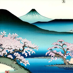 I like to have an Ukiyo-E with a Bosai Dam in the mountains and sakura flowers