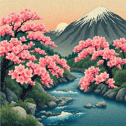 create beautiful japanese mountain landscape, where is small river in the middle of image and blooming vibrant sakura trees around the river