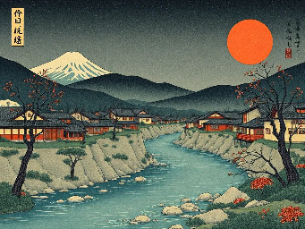 village, river and red moon