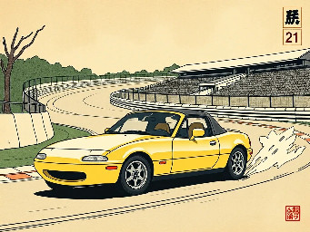 Yellow 1992 Mazda Miata at Tsukuba circuit