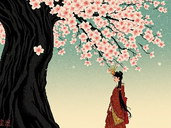 create an Indian princess under a cherry blossom tree using Ukiyo-e style