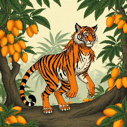 jungle, mango trees,mangos on ground(anthro tiger human) hybrid, female, (tiger tail, tiger ears, tiger striped body)bad anatomy, bad feet, bad hands, extra limbs, extra toes