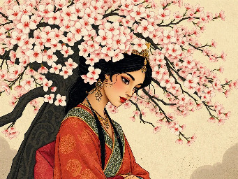 create an Indian princess under a cherry blossom tree using Ukiyo-e style