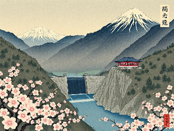 I like to have an Ukiyo-E with a Bosai Dam in the mountains and sakura flowers