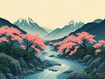create landscape where is flowing river, mountains, sakura trees