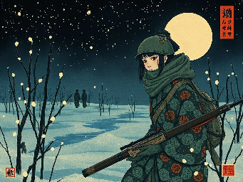 a japanese woman soldier ww1 during the night in the great frozen swamps