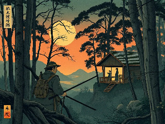 A hunter in the ancient Japan, deep in a forest in the mountain in twilight and see a silhouette of a woman in a wooden hut in the distance.