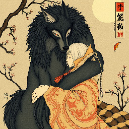 Female werewolf, gentle, sitting, embraced by man