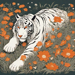 white tiger lying on its back and rolling in grass upside down, surrounded by orange flowers, very pleased and comfortable