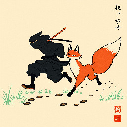 Create a traditional Japanese woodblock art print (ukiyo-e style) depicting a ninja and a fox running together toward the bottom-left corner of the composition. Both figures should be in mid-sprint, moving in the same direction with dynamic motion lines. Behind them, show visible footprints in the grass/ground trailing behind to indicate their movement. The ninja should wear traditional dark clothing (shinobi shozoku) and the fox should have a fluffy tail flowing behind. Use bold black outlines, limited color palette (traditional woodblock colors like indigo, rust, cream), and include grass or natural terrain. The scene should evoke Sengoku-era Japanese aesthetics and match the style of Shogun 2: Total War artwork