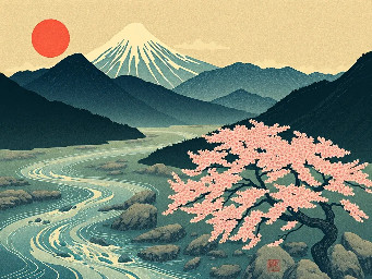 create landscape where is flowing river, mountains, sakura trees