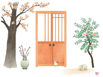 A beautiful Japanese-style illustration representing 'Please close the door.'.  Use soft watercolor textures, gentle pastel colors, and clean lines inspired by Japanese art (Ukiyo-e style). Minimalist composition with zen aesthetics, warm and friendly atmosphere. White background, no text, no labels. Think of Studio Ghibli meets traditional Japanese illustration. The size image generate 1024*1024