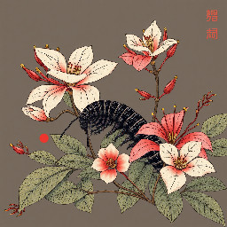 Generate an image of a centipede alongside *Lycoris radiata* flowers in the Ukiyo-e style, in PNG format, suitable for use as a T-shirt print.