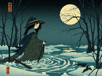 a japanese woman witch of water during the night in the great frozen swamps