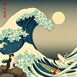 great wave over kanagawa with cats