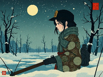 a japanese woman soldier ww1 during the night in the great frozen swamps