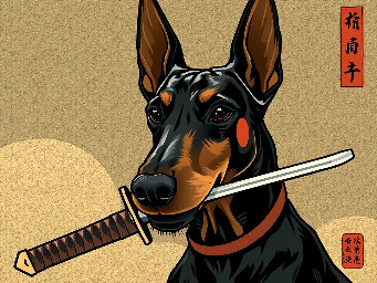 create art for a doberman dog holding a katana in its mouth suitable to be printed on clothes