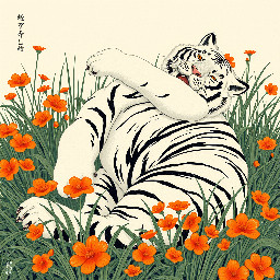 white tiger lying on its back and rolling in grass and orange flowers, very pleased and comfortable