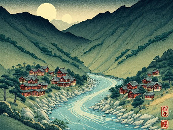 a small settlement in a valley that includes a river