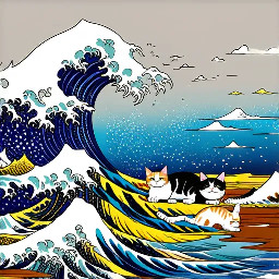 great wave over kanagawa with cats