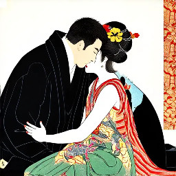Female werewolf, gentle, sitting, embraced by man